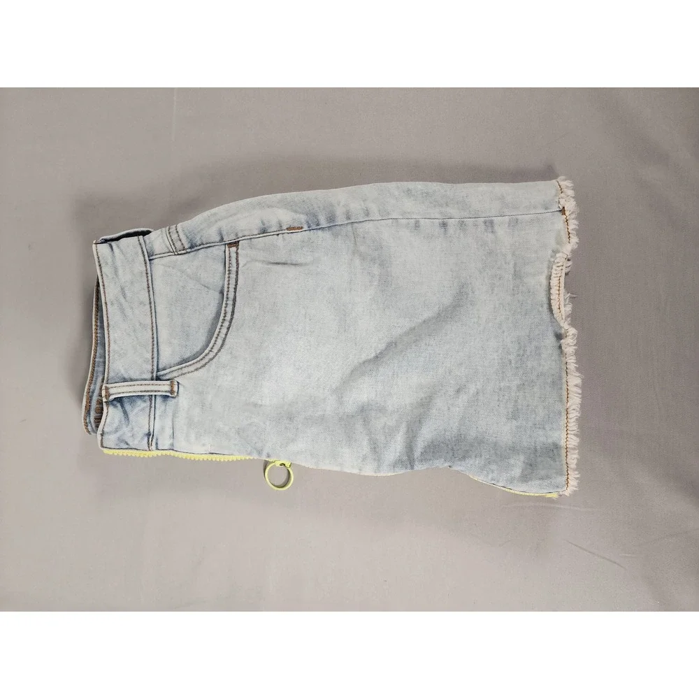 Justice Girls Light Wash Denim Skirt Neon Yellow Front Zip Frayed Hem Size 14